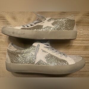 Paula Shu Shop Gold Glitter No Tie Lace Up Sneakers Star Cream Tan Women’s 7.5